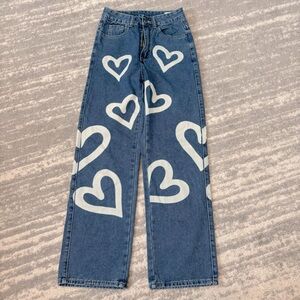 Heart print denim jeans